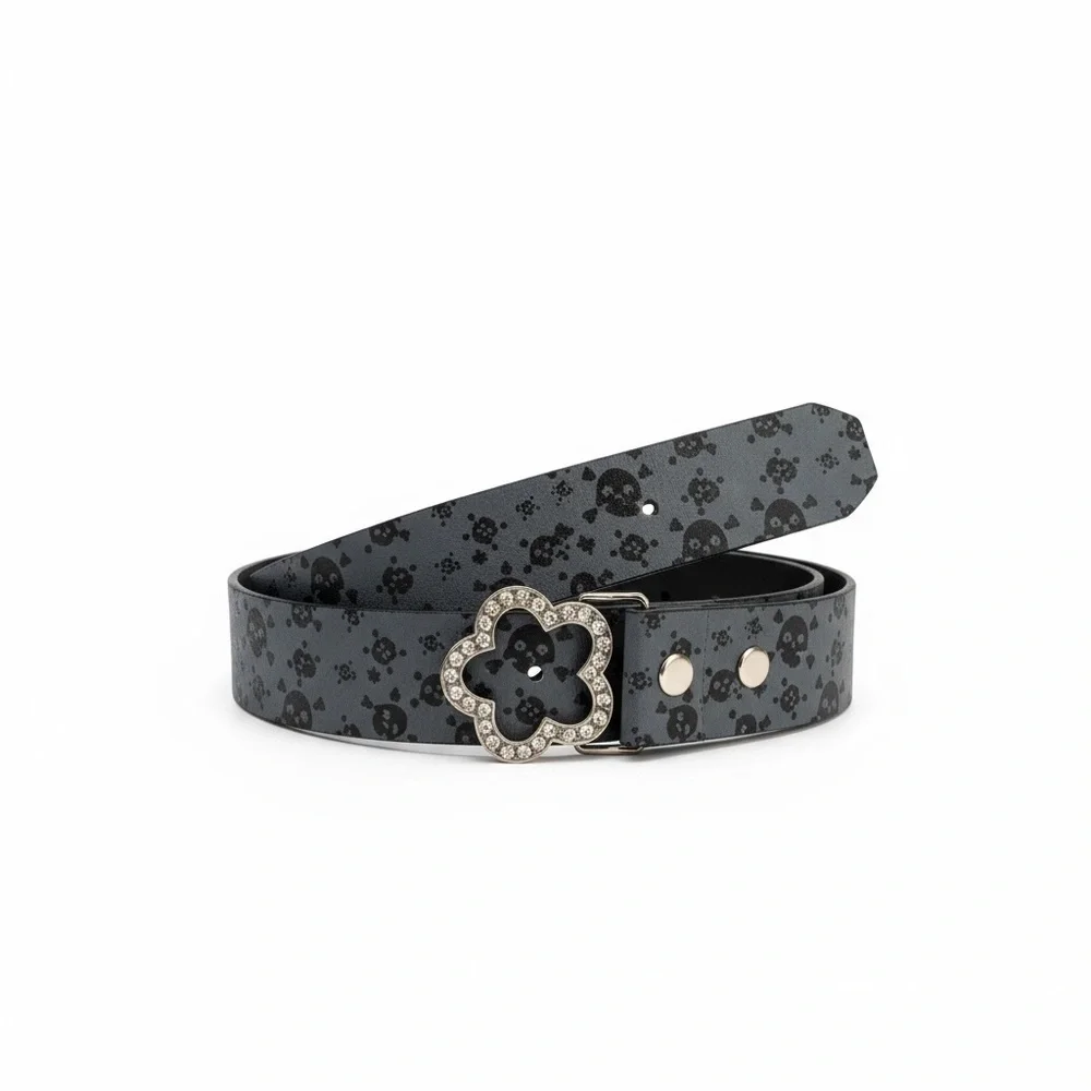 Halloween spooky GENUINE BONDED LEATHER Black Skull Pattern Belt Rhinestone 36